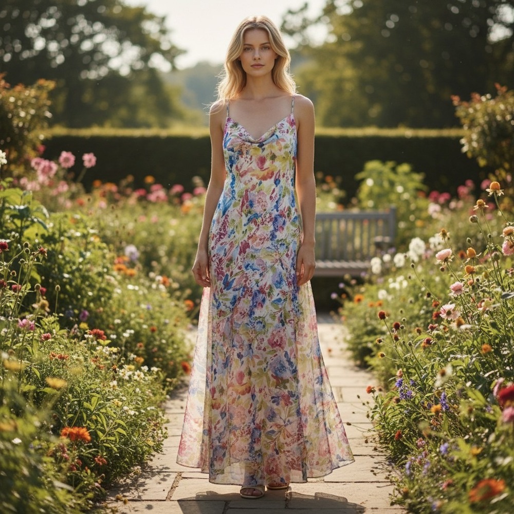 Abercrombie & Fitch Floral Cowl Neck Maxi Dress Multicolor Watercolor Wedding